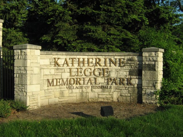 Main entrance to Katherine Legge Memorial Park in the Village of Hinsdale along County Line Road between 55th Street and Plainfield Avenue