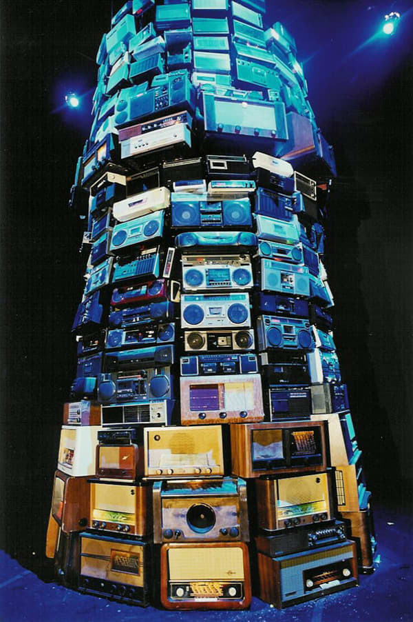 Modern Technological gadgets and apparel in a symbolic representation of the New Media technology as the Tower of Babel