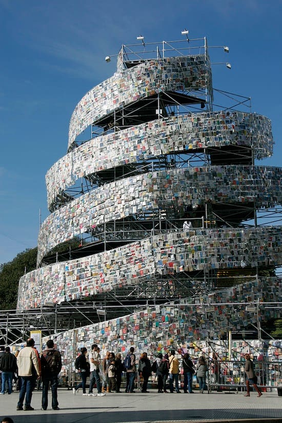UNESCO chose Buenos Aires to celebrate Marta Minujin creating a 82 foot tall spiraling tower draped with 30,000 books in dozens of languages