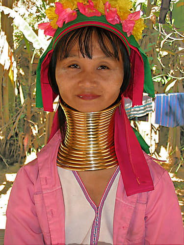 This woman from a Karen Village outside of Mae Hong Son, Thailand, has rings that weigh close to 10 pounds round her neck. The Karen tribe are refugees from Myanmar. There's an entrance fee to see the village so you are an official "gawker", but the