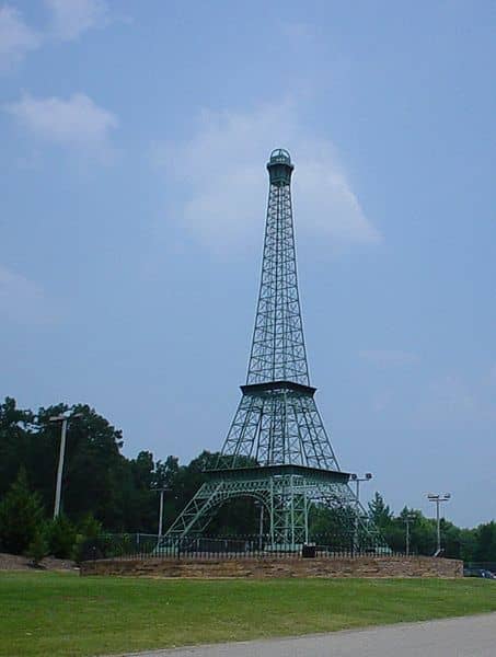 Eiffel Tower in Memorial Park in Paris, Tennessee, United States . Park has swimming pools, hiking paths, and tennis courts.