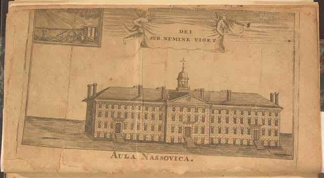 This is the principal building of the College of New Jersey in 1764 "Aula Nassovica," (Nassau Hall). This image belongs to a fundraising brochure for the college/Source: Library of Congress' Exhibition "Religion and the Founding of American Republic