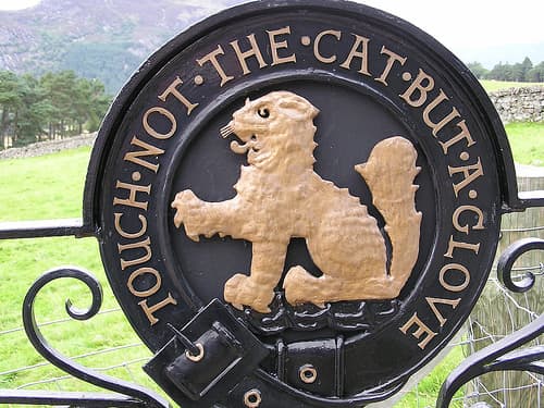 Motto: Touch The Cat Bot (But) A Glove (Don't touch the cat when claws are unsheathed, extended beyond the foot pads or "gloves.") In Braun's first book, Jim Qwilleran receives this gatepiece from an antique dealer.