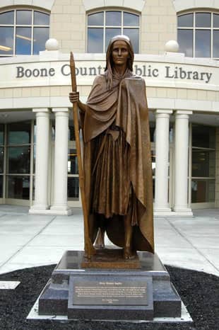 A statue of Mary Draper Ingles stands in front of the Boone County (Kentucky) Library, near Big Bone Lick