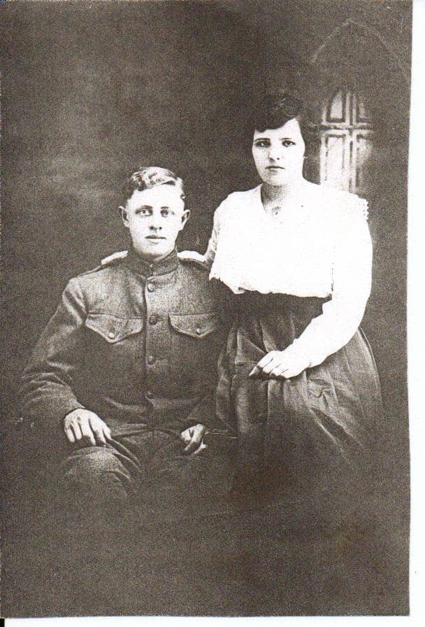 Clarence McGhee and his bride, Ruth Vining. These are my maternal grandparents and their wedding photo before he left for France in World War I.