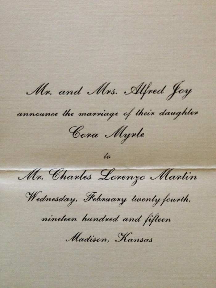 The wedding announcement for Cora and Ren Martin's wedding in 1915. They are my paternal grandparents.