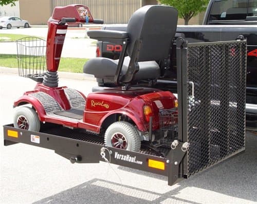 *Versahaul Mobility Scooter Carrier XL* The VH-MS XL will fit into your class III or IV hitch. Tray has a 58.75 in. x 32.75 in. of carrying area. Its durable powder coating helps prevent your carrier from any harsh environment conditions. All you