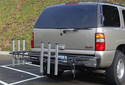 *Swingaway Rod Rack Cargo Carrier* Perfect for Surf fishing! Get six rod holders and a rack mounted to a rugged swingaway frame. The rod holder swings out to give you access to the rear of your vehicle.