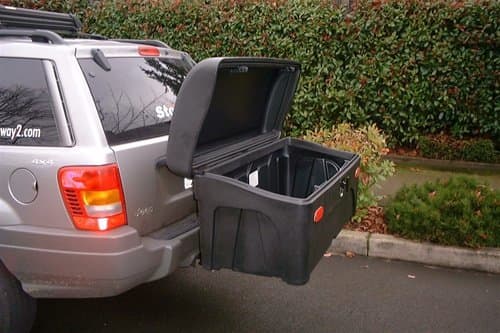 *Stowaway2 Sport Cargo Carrier* A standard-sized carrier box equipped with reflectors and our rugged high-rise frame. Convenient, ground-level access to your gear. Box features reflectors and is mounted to StowAway2's high-rise fixed frame, which