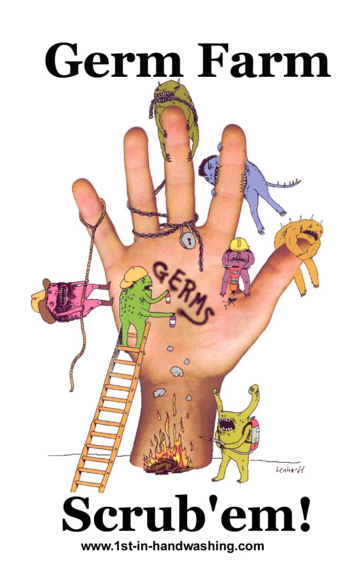 Poster Germ Farm on Human Hand with Colorful Germs and the Word Germs and the Verbiage Promoting Scrub 'Em