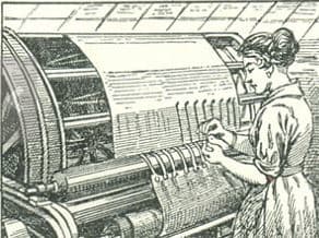 vintage line drawing of a female worker manually tying knots on a textile loom - Howard Coman invented the knot tying machine that catapulted the industrial revolution