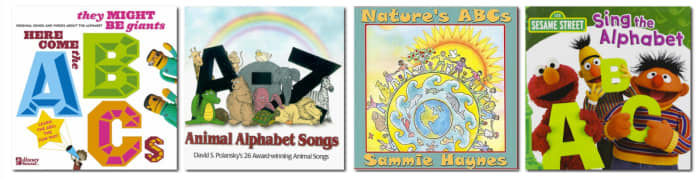 Here Come the ABCs by They Might Be Giants, A-Z Animal Alphabet Songs by David S. Polansky, Nature’s ABCs by Sammie Haynes, and Sesame Street’s Sing the Alphabet. All at