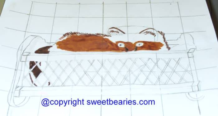 Adding more of the ochre color to Maxx's fur. Markers are a good medium for covering up grid lines.