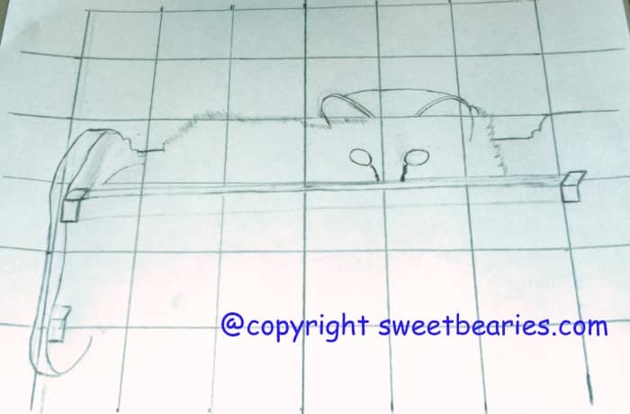 Here I am beginning to sketch the outline of the cradle Maxx is in, and the top part of his body peeking out.