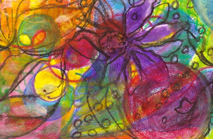 This painting was done with the water soluble oil pastels. You can work very freely with this medium and very quickly, which is just how I like to work! Experiment with these, they are a lot of fun!