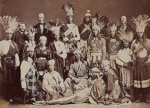 Dancers from Mohawk Nation at Kahnawake who performed during a lacrosse tournament in the presence of H.R.H. Prince Arthur, son of Queen Victoria; Montreal.