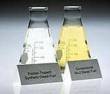 Fischer-Tropsch diesel on the left, conventional on the right. Note the difference in colour due to impurities in the conventional fuel