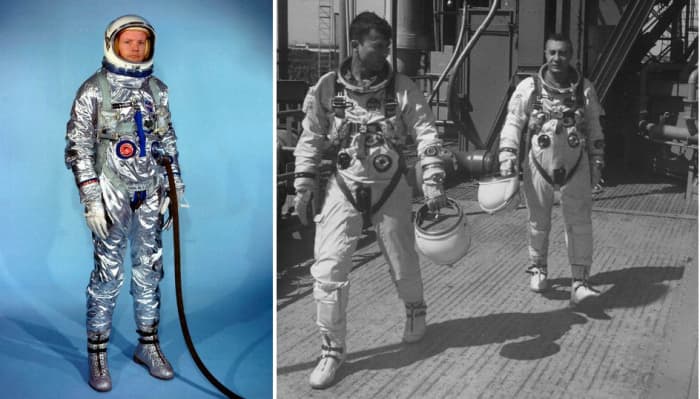 Project Gemini Space Suits: G2C (left), worn by Neil Armstrong, and G3C (right), worn by John Young and Gus Grissom. The gray rectangular items attached to the parachute harness are flotation devices. Photos courtesy of NASA.