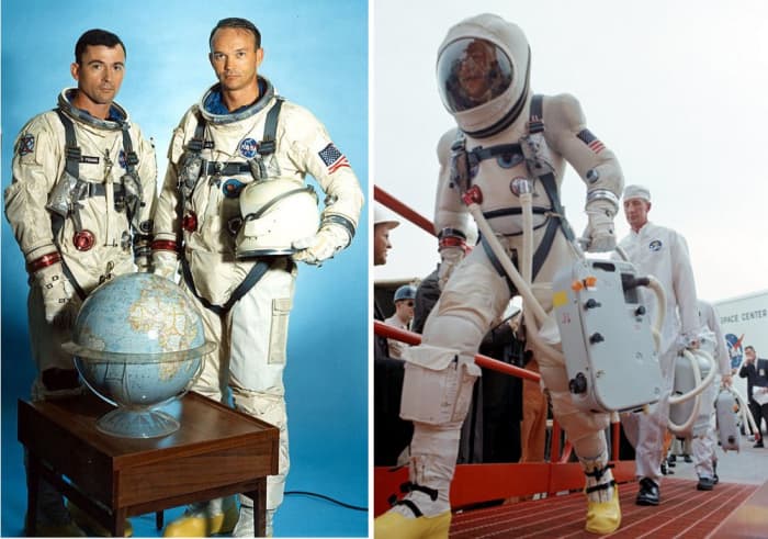 Project Gemini Space Suits: G4C (left), worn by John Young and Michael Collins, and G5C (right), worn by Jim Lovell. Lovell is carrying the portable cooling unit used by astronauts prior to entering the spacecraft. Photos courtesy of NASA.