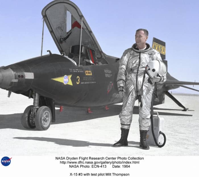 The X-15 rocket plane was an experimental aircraft flown in the 1950s and 1960s. Technology used in this pressure suit was adapted for the Gemini space suit. Photo courtesy of NASA.