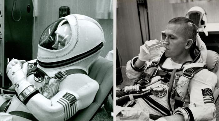 The soft hood of the G5C suit, seen here worn by astronaut Frank Borman prior to the Gemini 7 mission, could be unzipped and rolled back. Photos courtesy of NASA.
