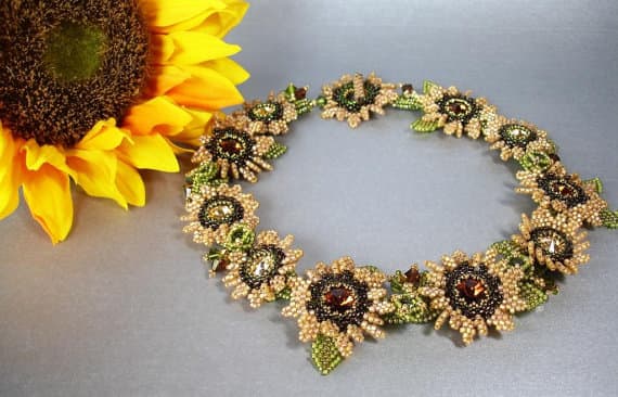 Tuscan Sunflower Beadwoven Collar: Callie used beaded leaves as components in this stunning sunflower necklace.
