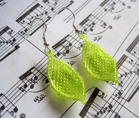 Beaded Dangle Earrings - Lime Green Leaves: I like to combined coordinating shades of delicas and Czech seed beads to make curved leaves for earrings.