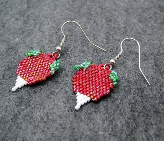 Beaded Dangle Earrings - Radishes: I created tiny leaves as part of a pair of custom radish earrings. They are a beaded version of the radish earrings that Luna Lovegood wears in the Harry Potter movies.
