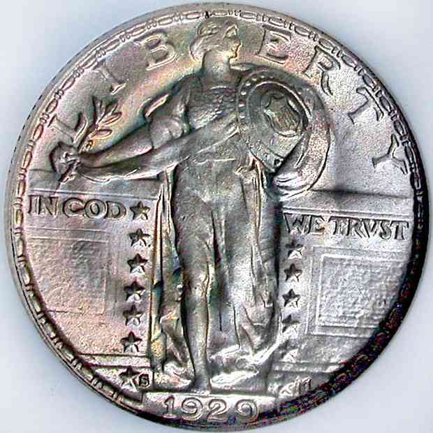 1929S Standing Liberty Quarter. Variety 2 w/covered breast. Mintmark can be observed by Liberty's feet. Photo Courtesy: coinpage.com