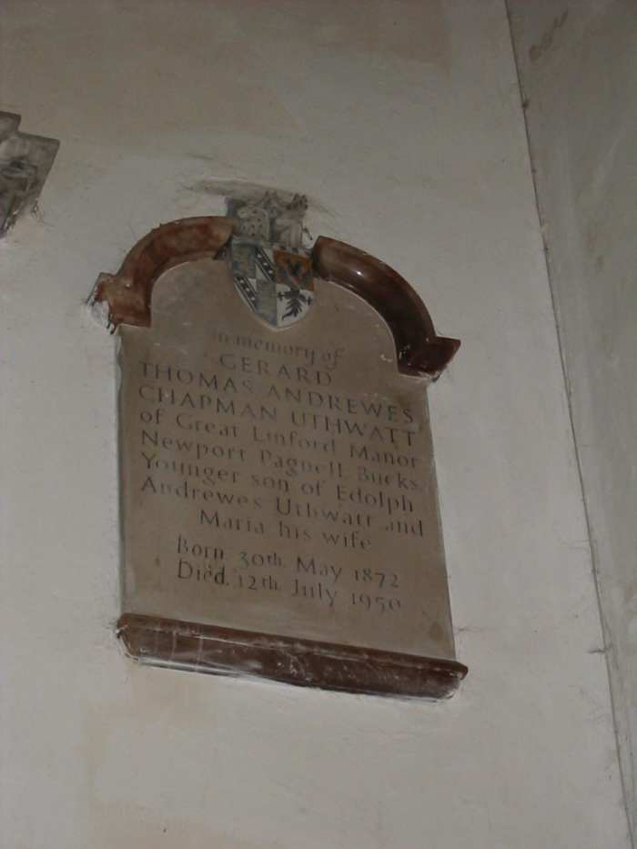 Gerard Thomas Andrewes Chapman Uthwatt, memorial plaque inside St. Andrews Church