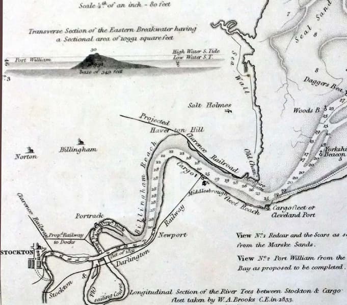 Plan shows the Tees Cut at Portrack near Stockton completed in 1831. The earlier Mandale Cut completed 1810 was to straighten the southern meander in the very 'mobile' River Tees