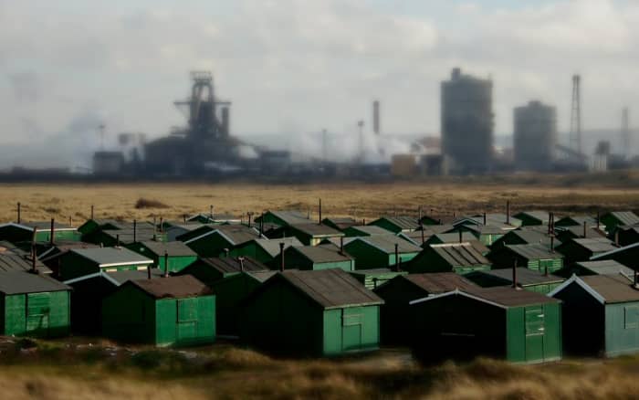 Fishermen's huts set against the backdrop of the now defunct Warrenby steel works