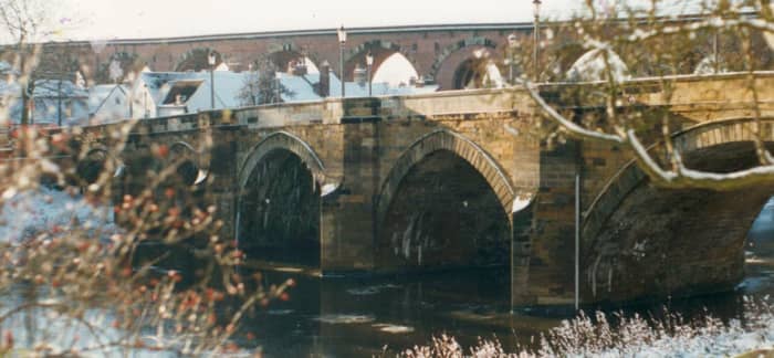 Two bridges span the Tees at Yarm. The nearer one is the road bridge that leads to the market square - seen from egglescliffe