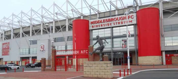 The main entrance to the Cellnet Riverside Stadium. Sited at the heart of the erstwhile Middlesbrough Docks, the stadium is reached from the A66 and through an underbridge under the A66 from town as well as from the imposing station