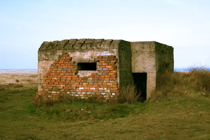 One of the wartime (WWII) concrete pillboxes has received an outer skin of brickwork. There were several near Teesmouth to combat possible landings of German forces (from the Netherlands, North Germany or Denmark).