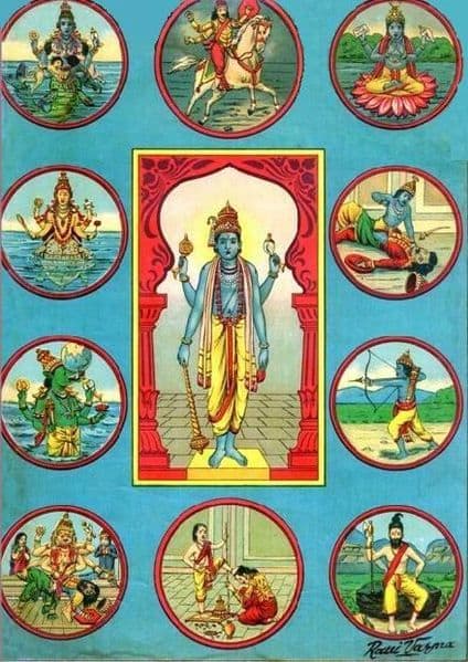 A great Indian artist's impressions of the 10 Avatars - the Dasha Avatar. From top left (anti clockwise) - Matsya, Koorma, Varaha, Narasimha, Vamana, Parashurama, Rama, Balarama, Krishna and Kalki