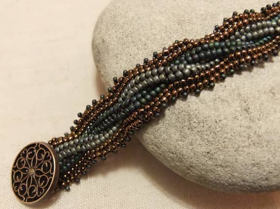 beaded Herringbone bracelet in brass, turquoise and blue