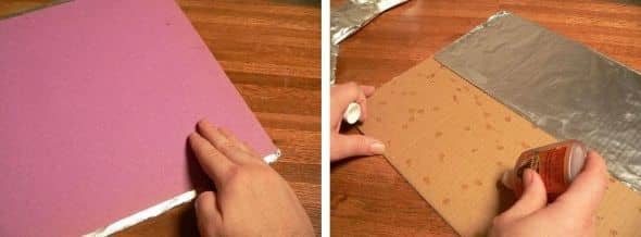 Cut the reflector panel out of a sheet of cardboard. Turn it over, apply some glue, and attach foil to entire back.
