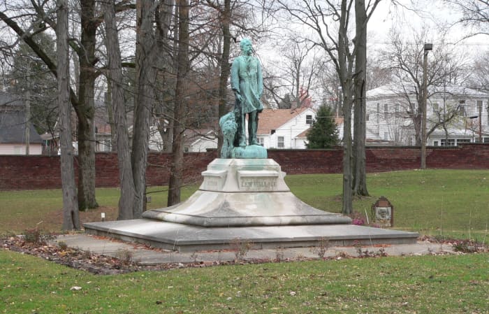 Lew Wallace statue on the grounds of the Wallace Study in Crawfordsville, Indiana. Replica of statue by Andrew O'Connor in the National Statuary Hall, US Capitol, Washington D.C.