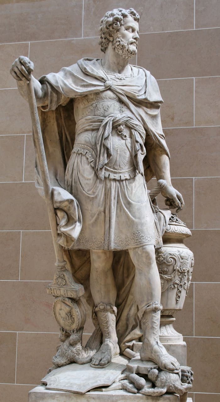 Sabastien Slodtz, statue of Hannibal counting the rings of the Roman knights killed at the 216 BC Battle of Cannae (1704).