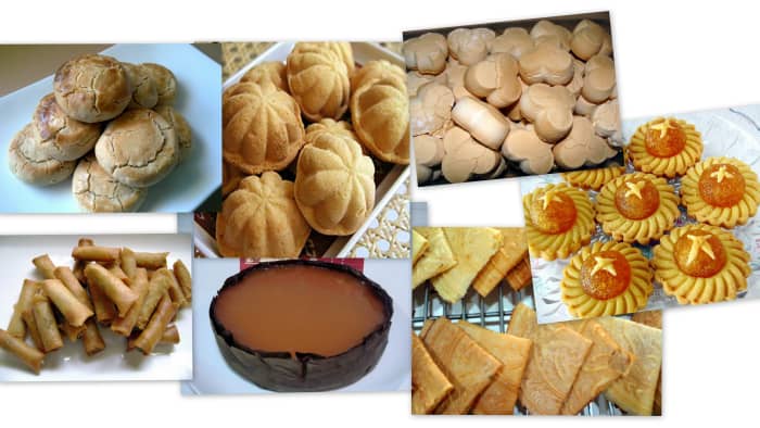 Chinese New Year cookies: From top left clockwise: peanut cookies, kueh bahulu, kueh bangkit, tart nenas, nian kueh & spicy mini shrimp rolls.