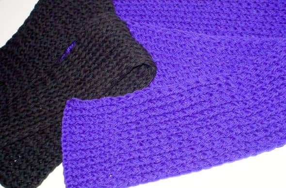 Black and purple scarves done with 2 strands of worsted weight yarn for heavy winter scarves.