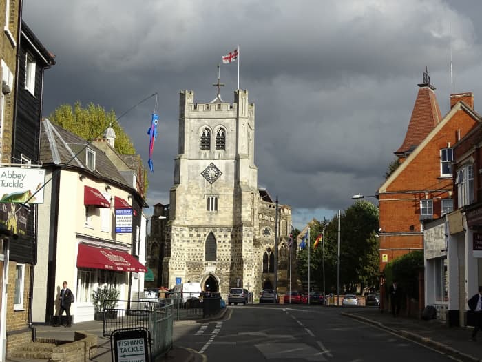 Waltham Church from the west, High Street. Harold's statue is on the right-hand corner of the tower