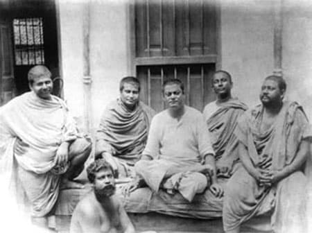 The monastic disciples of Ramakrishna Paramahamsa taken in 1899. Seated in the center is Naren, the future Swami Vivekananda. To the reader's extreme right is Swami Brahmananda.