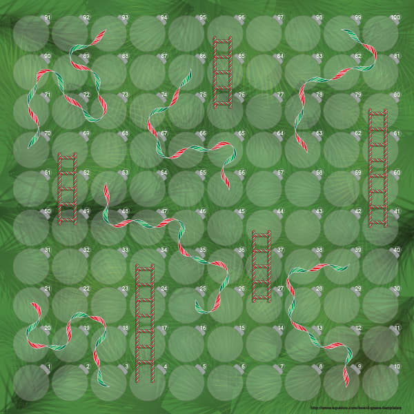 The Christmas version of Snakes and Ladders has red and green streamers instead of snakes.