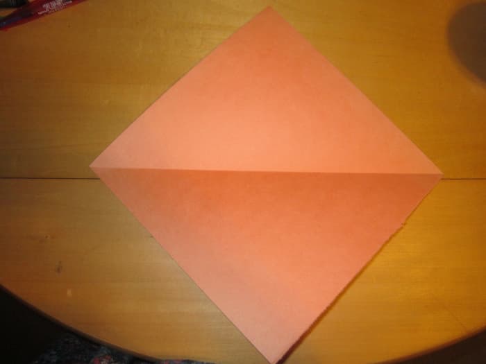 Start with a square sheet of paper. If you don't have a square sheet trim excess off a rectangular sheet. I would not advise using construction paper or heavy paper like I did because it doesn't stay flat after folding.