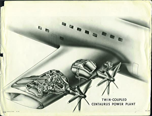 A unique design feature at the time for the Bristol Brabazon, two engines coupled to shafts to turn contra- rotating 3- blade propellers. Note: This an earlier design with four blades instead of the three blades for the final design.