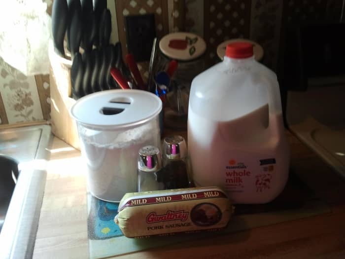 If you have these five ingredients, you can make sausage gravy - sausage, flour, milk, salt and pepper.