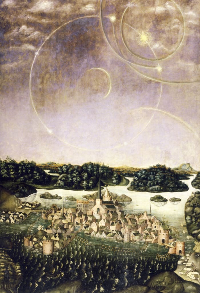 The Vadersoltavlan, or Sun Dog Painting, which depicts the phenomenon which nearly spelled the end of a high ranking Swedish Councillor.