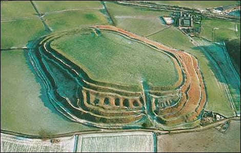 Old Oswestry Iron Age hill fort in Shropshire (Salop), shows its 'stepped' defences with an odd 'dimpled' effect (like a pie crust)